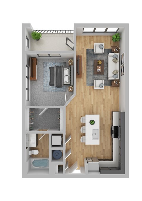 A top-down view of a modern apartment layout with a kitchen, living room, and bathroom.